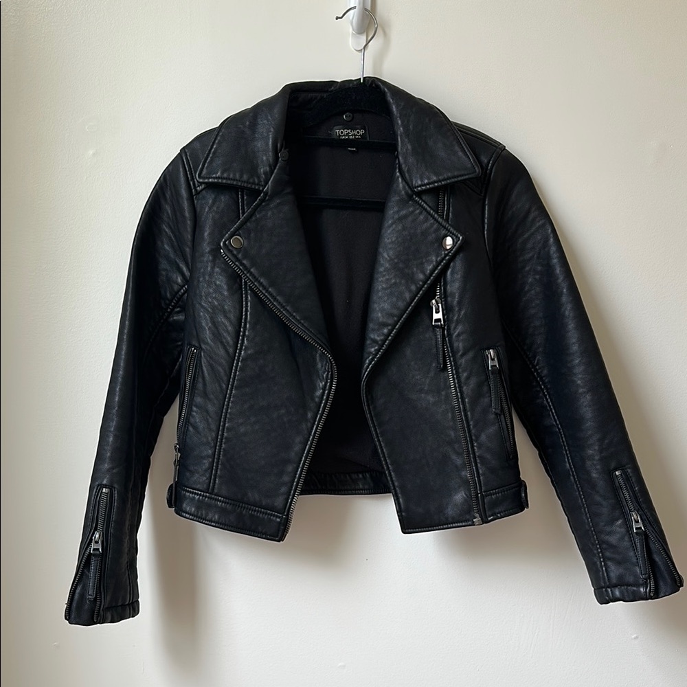 Topshop Black Leather Moto Jacket Asymmetrical Zipper